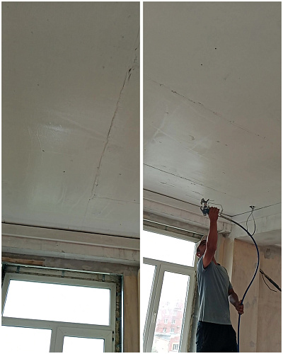 Application of "Bronya AquaBlock Effect NF" to block the smell of burning and restore the ceiling in an office after a fire in the Amur Region! (photo)