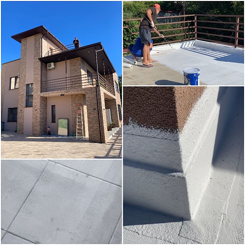 Waterproofing Bronya Aquablock Expert on the roof of a large townhouse in Sochi (photo and video)