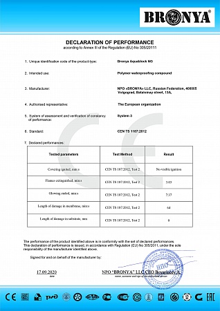 CE certificate for polymer waterproofing "Bronya Aquablok NG"