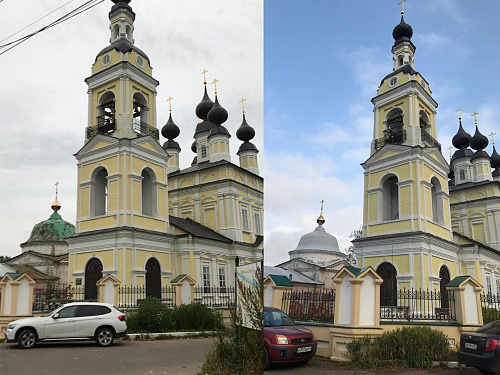 Bronya Metal and Bronya Aquablok on the roof of the Church Introduction to the Temple of the Most Holy Theotokos. Plyos town, Ivanovo region (photo)