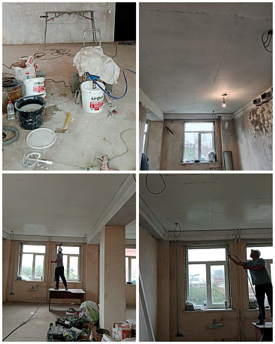 Application of "Bronya AquaBlock Effect NF" to block the smell of burning and restore the ceiling in an office after a fire in the Amur Region! (photo)