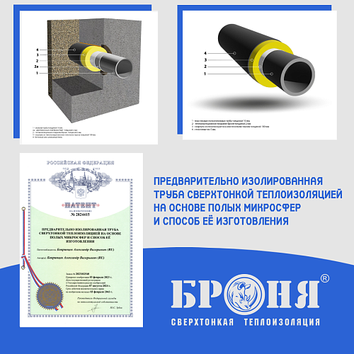 important! The 15th Bronya patent was obtained: "Pre-insulated pipe with ultrathin thermal insulation based on hollow microspheres and the method of its manufacture" (Scan of patent No. 2824415)