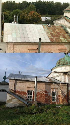 Bronya Metal and Bronya Aquablok on the roof of the Church Introduction to the Temple of the Most Holy Theotokos. Plyos town, Ivanovo region (photo)